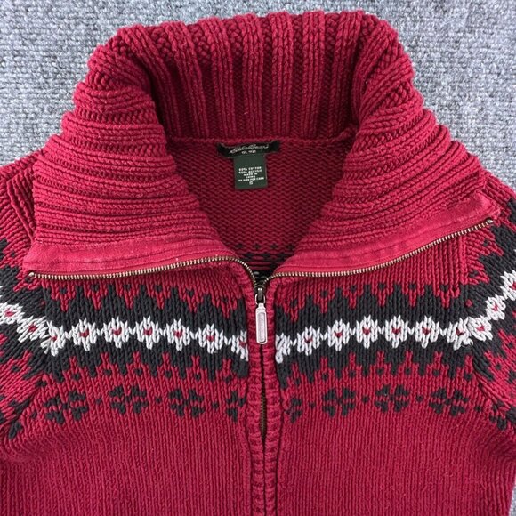 Eddie Bauer Knit Sweater Small Red Full Zip Outdoor Long Sleeve Fair Isle - Picture 5 of 10